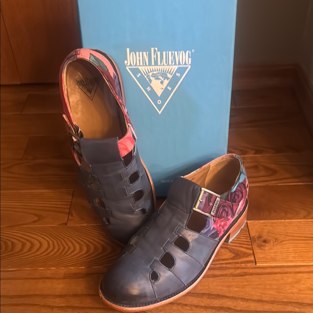 John Fluevog Women's Navy Shoes with Floral Accent